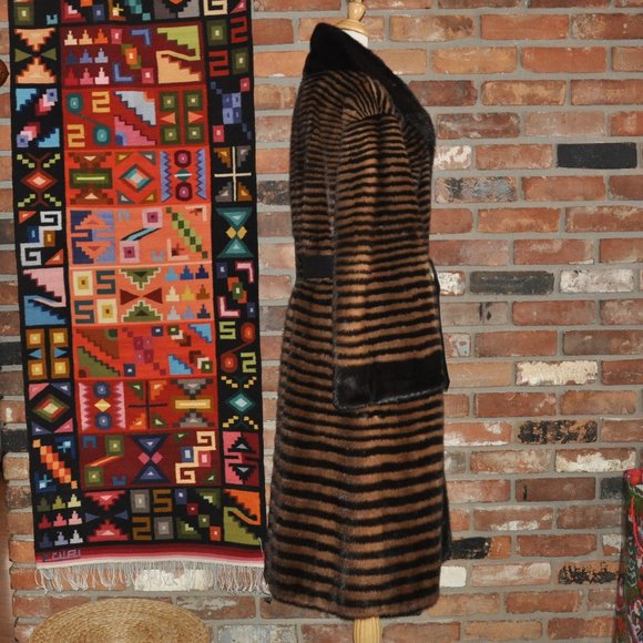 Brown Blonde Horizontal Stripe Mink Fur Full Length Long Coat Jacket, Sable Trim - Picture 1 of 13